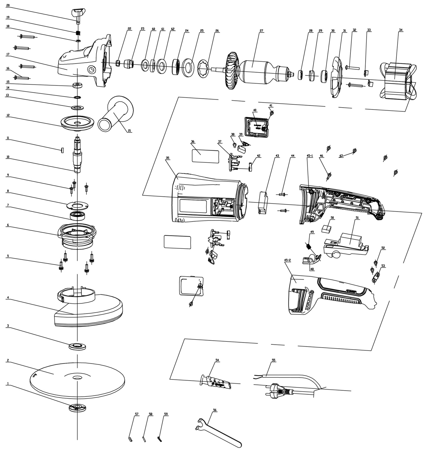 ЗУБР 2600 Вт, d230 мм, УШМ (УШМ-230-2605 П) - разборная схема